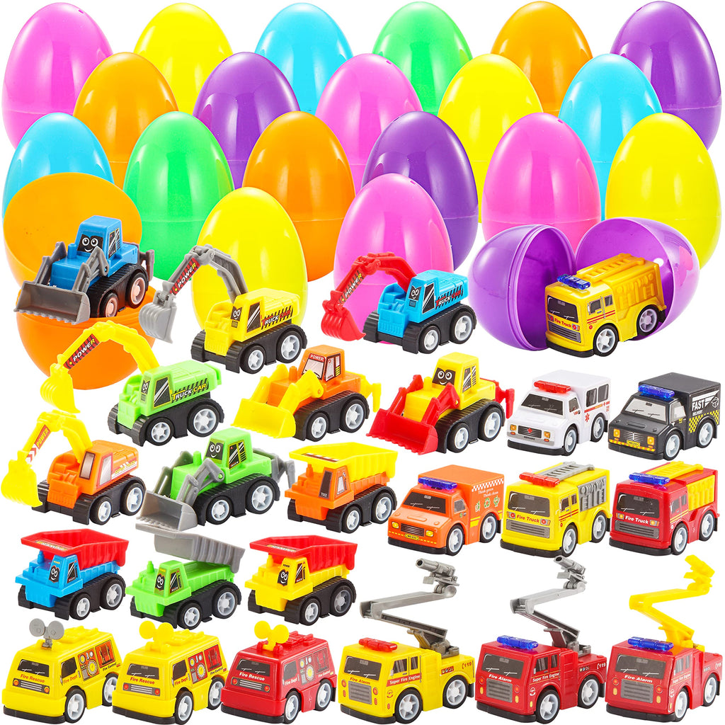 JOYIN 24 Pcs Filled Easter Eggs with Pull Back Construction Cars, Prefilled Easter Egg with Vehicle for Kid Boys, Basket Stuffers/Fillers, Party Favor, Classroom Prize Supplies