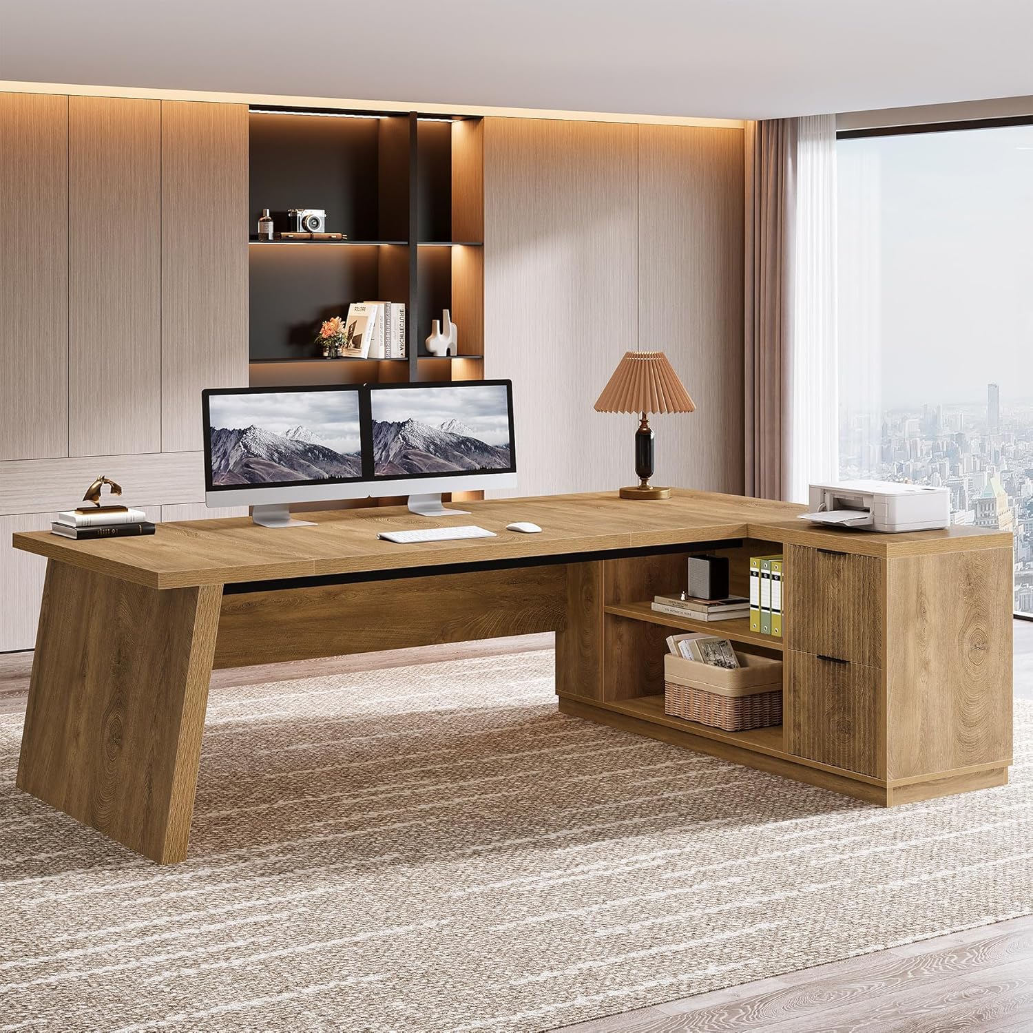 Tribesigns L Shaped Desk - Modern 78" Executive Office Table with Drawers & File Cabinet | Brown