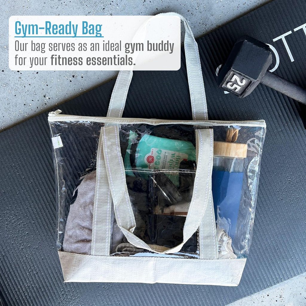 VENO Clear Beach Bag - Large Transparent Tote for Swim, Pool & Gym | Summer Vacation Essentials - Beige