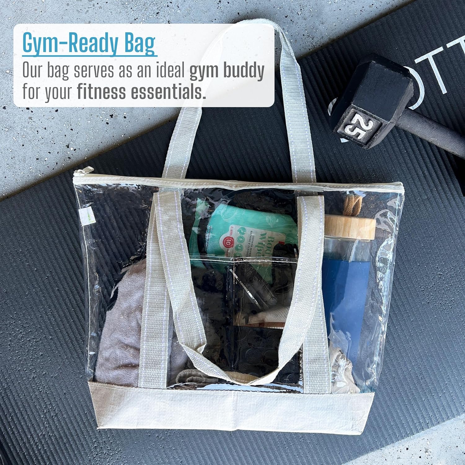 VENO Clear Beach Bag - Large Transparent Tote for Swim, Pool & Gym | Summer Vacation Essentials - Beige