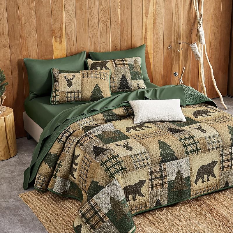Wake In Cloud Rustic Quilt Set - Green Brown Queen/Full, 3-Piece Reversible Bedspread