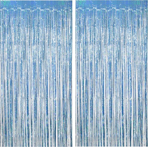 Blue Tinsel Curtain Streamers by [Brand Name] - Foil Fringe Party Backdrop for Engagement & Birthdays | 2 Pack 3.3x8.3ft