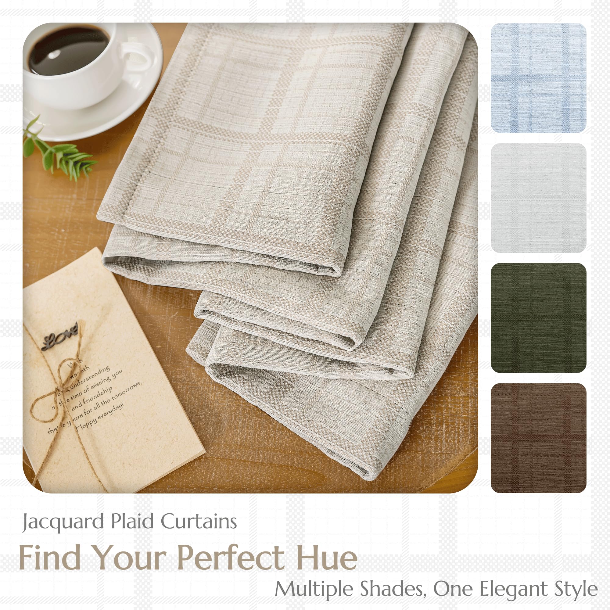 Beauoop Beige Plaid Jacquard Blackout Curtains 84 Inches Long 2 Panels for Bedroom Living Room Gingham Checkered Room Darkening Thermal Insulated Soundproof Grommet Window Drapes, 52x84 2 Set