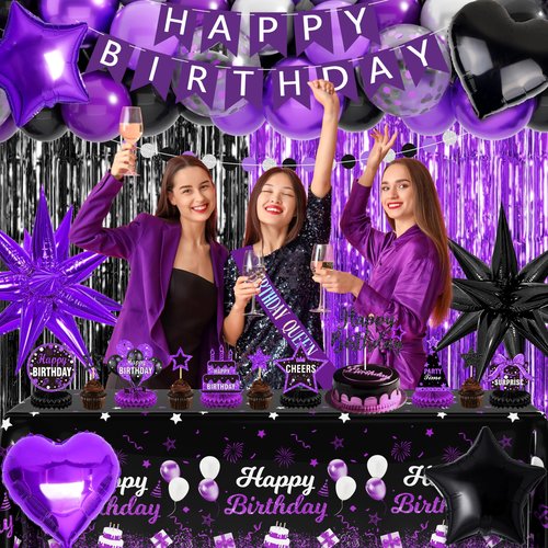 Black and Purple Birthday Decorations Kit, Purple and Black Party Decorations - Purple Happy Birthday Backdrop Banner, Balloon Arch, Tablecloth, Fringe Curtain for Women Girls Kids Celebration