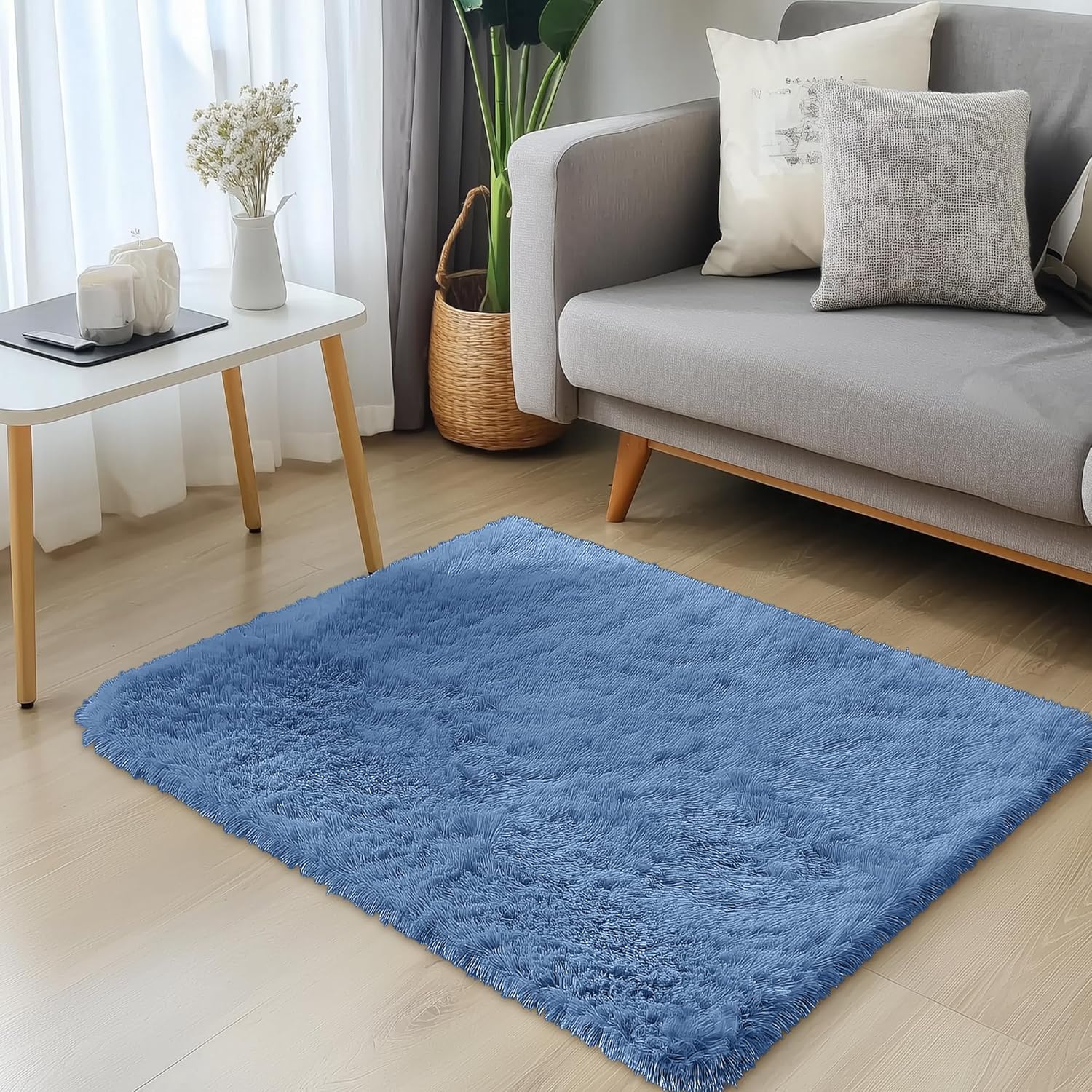 OLANLY Small Bedside Rug - Soft, Machine Washable Shaggy Carpet for Bedroom & Living Room | Blue
