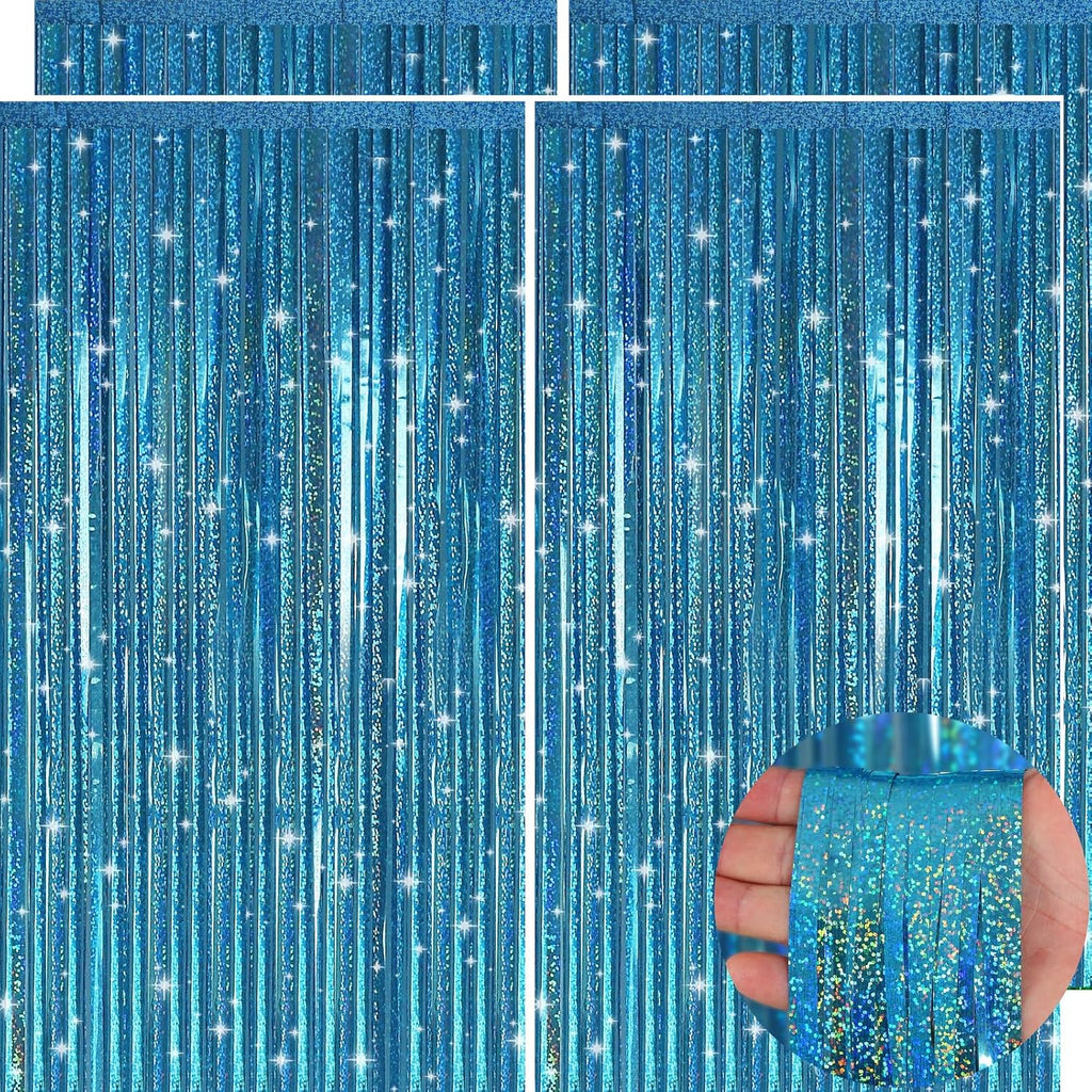 Picoway Blue Laser Foil Fringe Tinsel Backdrop Curtains - 4 Pack Ocean Themed Party Decor | Perfect for Birthdays, Engagements, and Showers