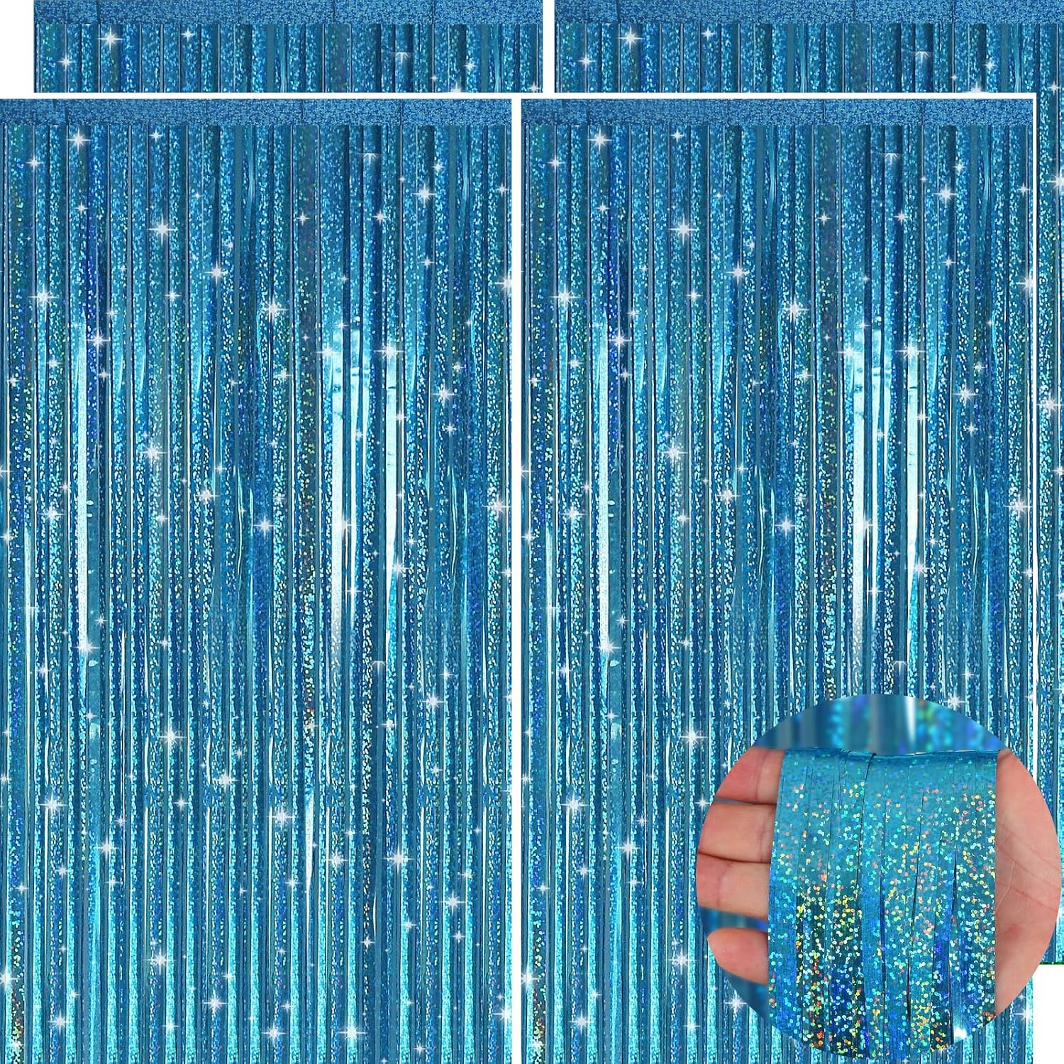 Picoway Blue Laser Foil Fringe Tinsel Backdrop Curtains - 4 Pack Ocean Themed Party Decor | Perfect for Birthdays, Engagements, and Showers