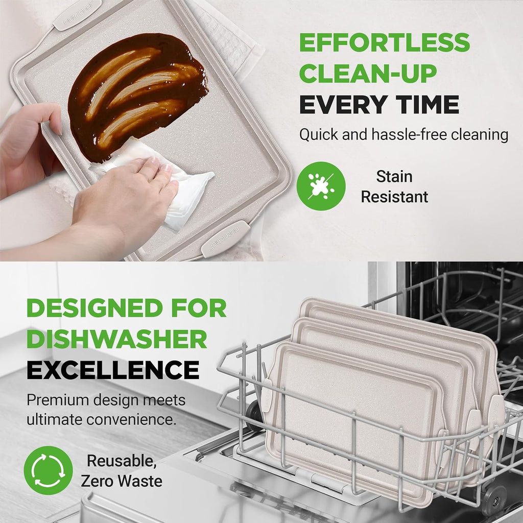 NutriChef Nonstick Cookie Sheets - Premium Carbon Steel Baking Pans with Silicone Handles | Easy Clean, Cream Marble Finish