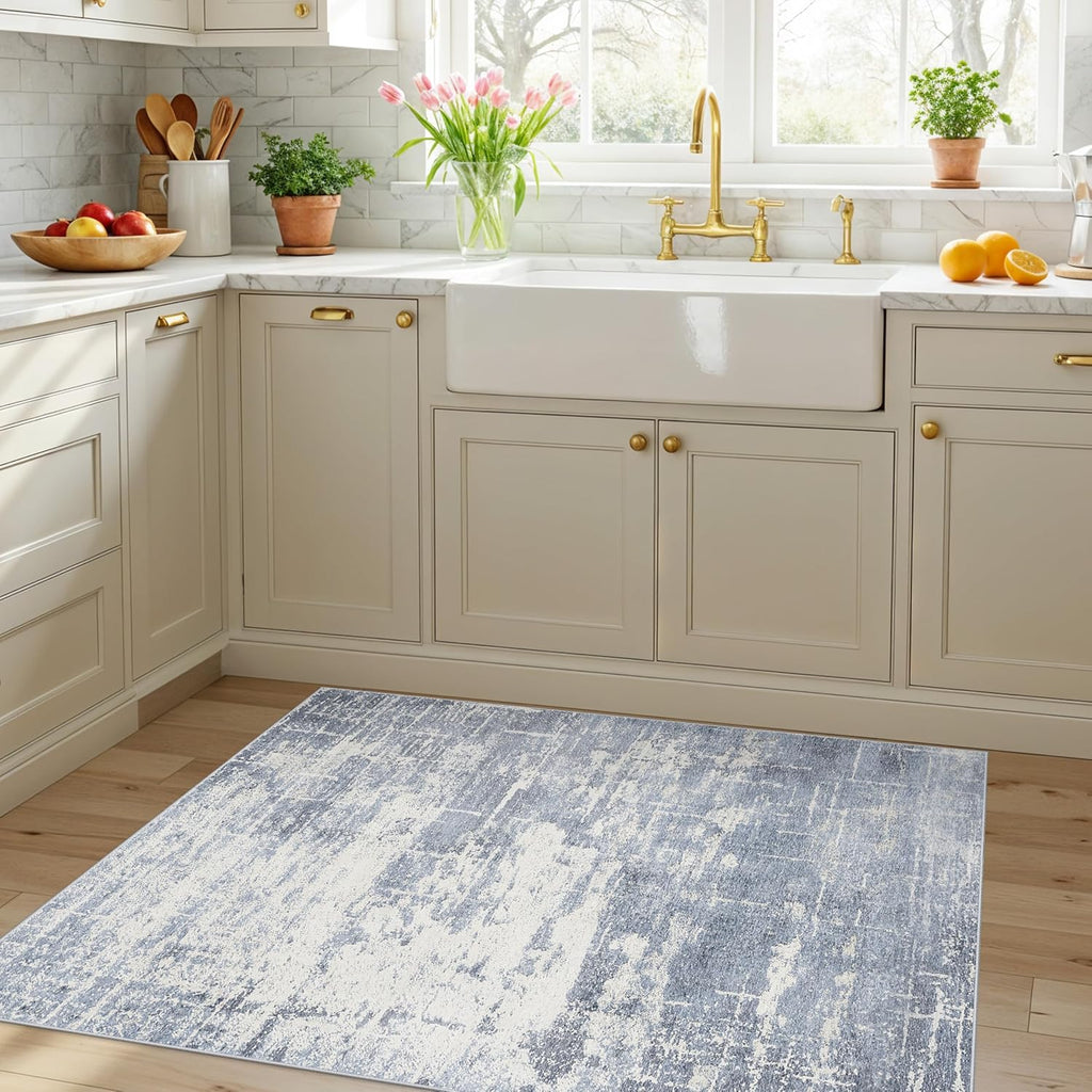 Skiennix Washable Kitchen Area Rug - Abstract Stain-Resistant, Non-Slip, Soft Indoor Mat (3x4, Blue/Ivory)