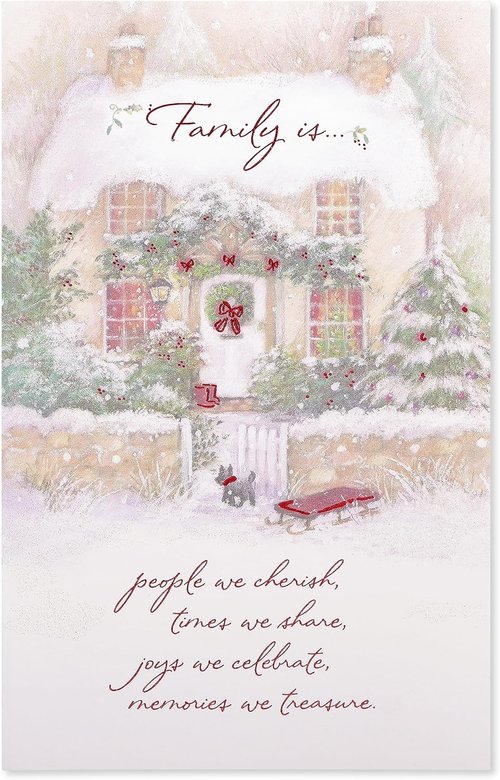 American Greetings Christmas Card - Shimmering Winter Cabin Scene for Family & Friends | All the Joys