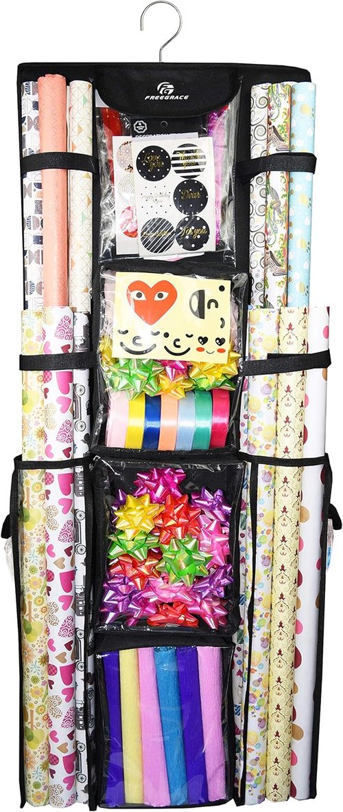 Freegrace Gift Wrap Organizer - Double-Sided 16 x 41 Inch Storage Bag for Wrapping Paper & Ribbons, Beige/Black