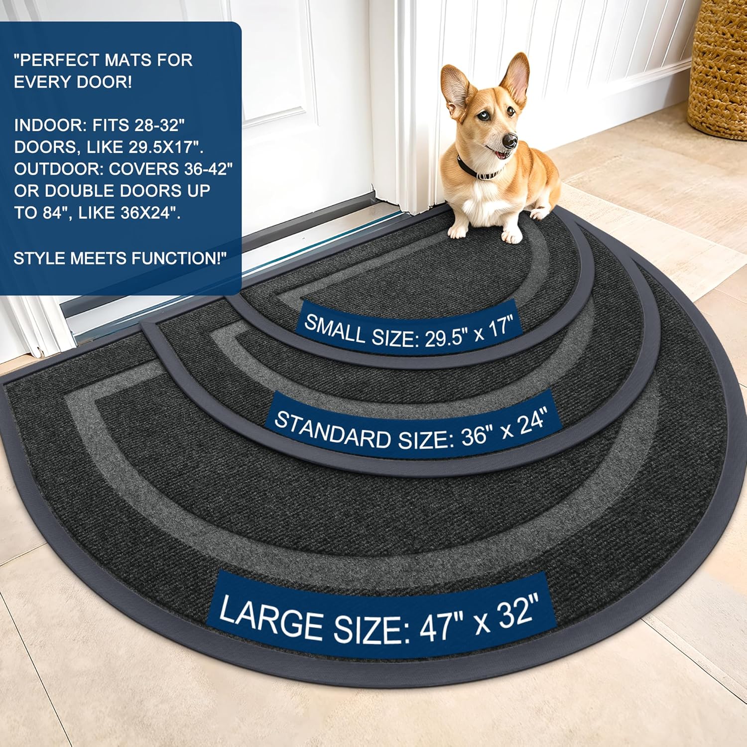 OLANLY Half Circle Door Mat - Waterproof All-Season Doormat for Indoor/Outdoor Use | 29.5x17, Black