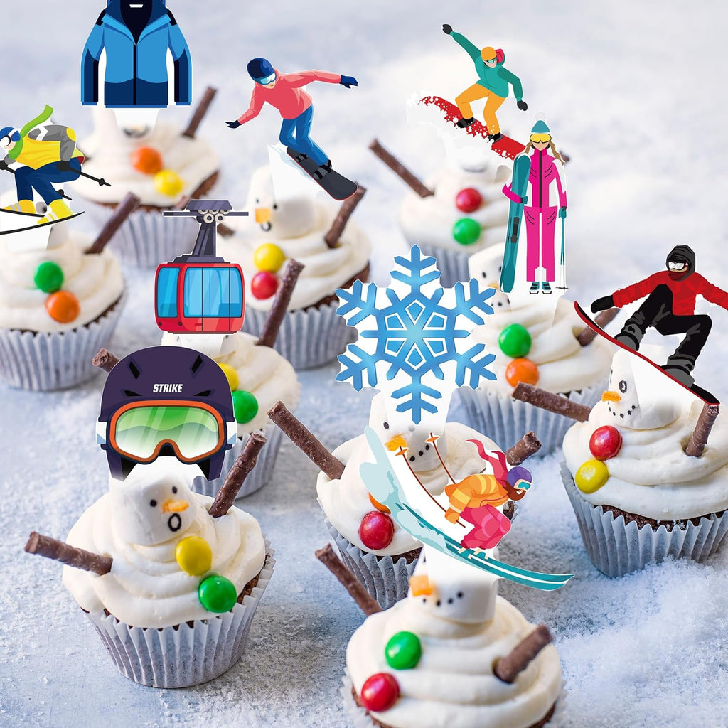 Skiennix Skiing Cupcake Toppers - 48Pcs Winter Party Decorations | Snowboard Birthday Picks