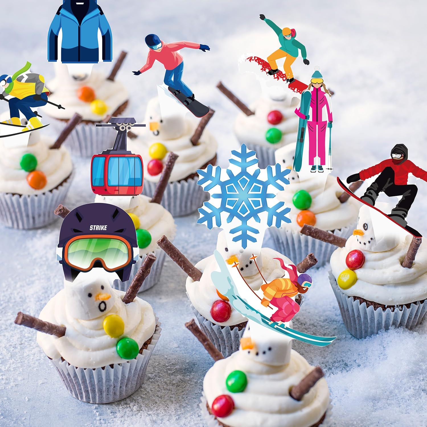 Skiennix Skiing Cupcake Toppers - 48Pcs Winter Party Decorations | Snowboard Birthday Picks