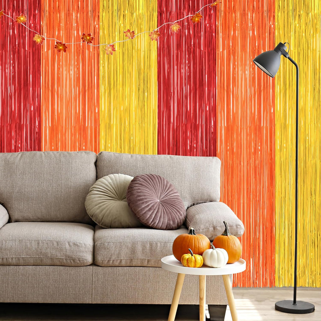 Regine Switzerland Thanksgiving Backdrop - 2 Pack Red Orange Gold Metallic Fringe Curtains | 3.28 FT x 7.05 FT Photo Props