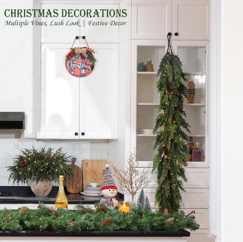 QXXQ 6 Feet Christmas Garland -Real Touch Cedar Garland - Christmas Decorations -Christmas Garland for Table, Wall, Mantle,Outdoor Indoor - Garland for Christmas Decorations Free LED String Lights
