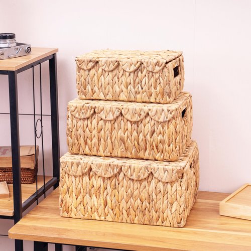 LUSYDECO Set of 2 Scalloped Edge Wicker Basket with Lids, Rectangle Wicker Storage Basket with Built-in Handles, Multipurpose Organizer Rattan Display Boxes for Shelf, Nursery Room