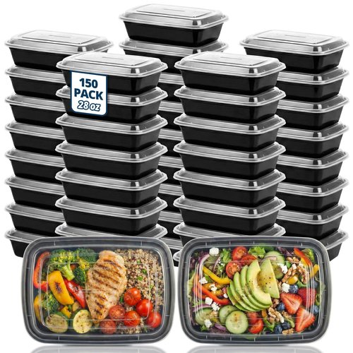 TIYA Food Containers - 28 oz Bulk 150 Pack with Lids - Rectangular Plastic To-Go Containers - Reusable, Microwavable, Dishwasher Safe - Leak-Proof for Meal Prep - BPA-Free