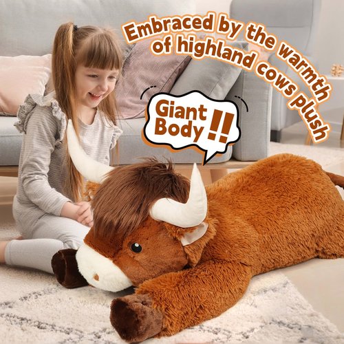 Ksidzas 39 Inch Giant Highland Cow Stuffed Animal, Big Cattle Plushie Toy for Kids & Adults, Fluffy Large Size Stuffed Cow Hugging Pillow Gifts for Birthday Christmas