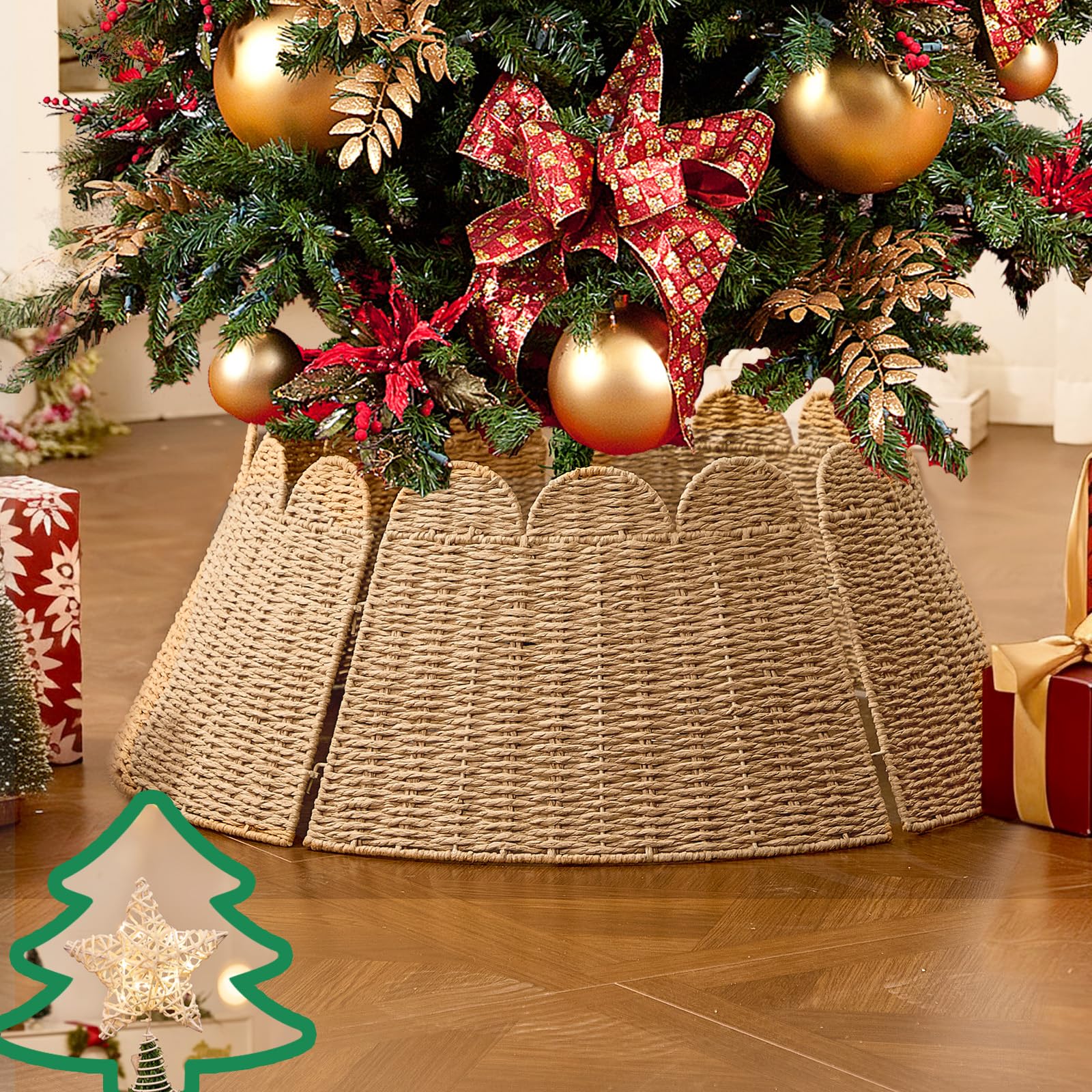 TOSTOOIRX Scalloped Rattan Christmas Tree Collar 28 Inch Hyacinth Xmas Tree Ring with Star Tree Topper, Woven Tree Base Cover for Holiday Home Decoration, Handcrafted Farmhouse Christmas Tree Decor