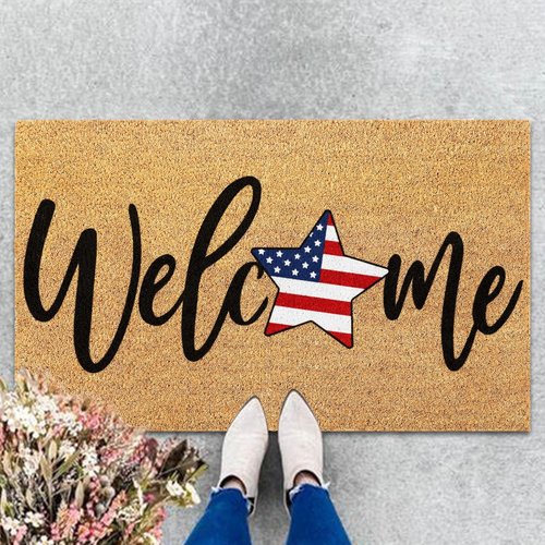 FYSUIMU Patriotic Coir Door Mat - Non-Slip American Flag Welcome Rug | 16.5 x 29 Inch for 4th of July Decor