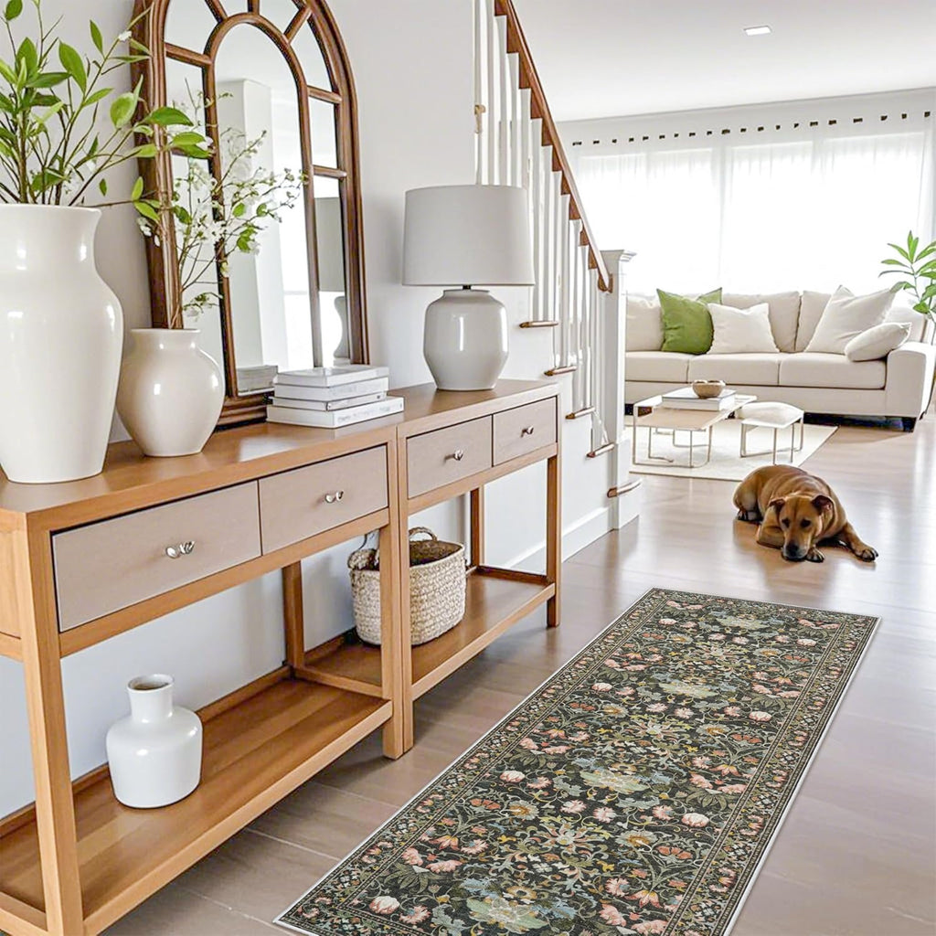 **Regine Switzerland Washable Runner Rug - Oriental Floral Design, Stain Resistant | 2x5 Green for Entryway & Kitchen**