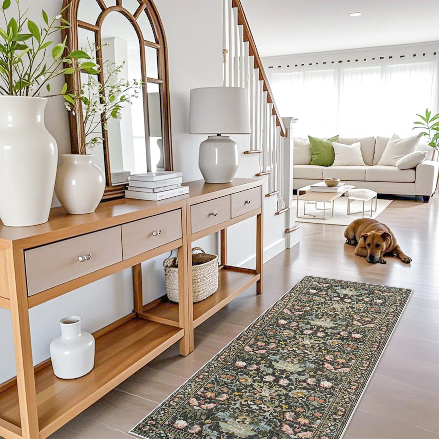 **Regine Switzerland Washable Runner Rug - Oriental Floral Design, Stain Resistant | 2x5 Green for Entryway & Kitchen**