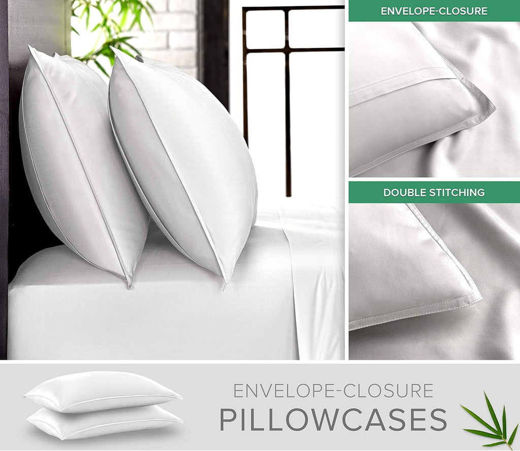 Pure Bamboo Full Bed Sheet Set - 100% Organic Viscose, Luxuriously Soft & Cooling | White, Double Stitching