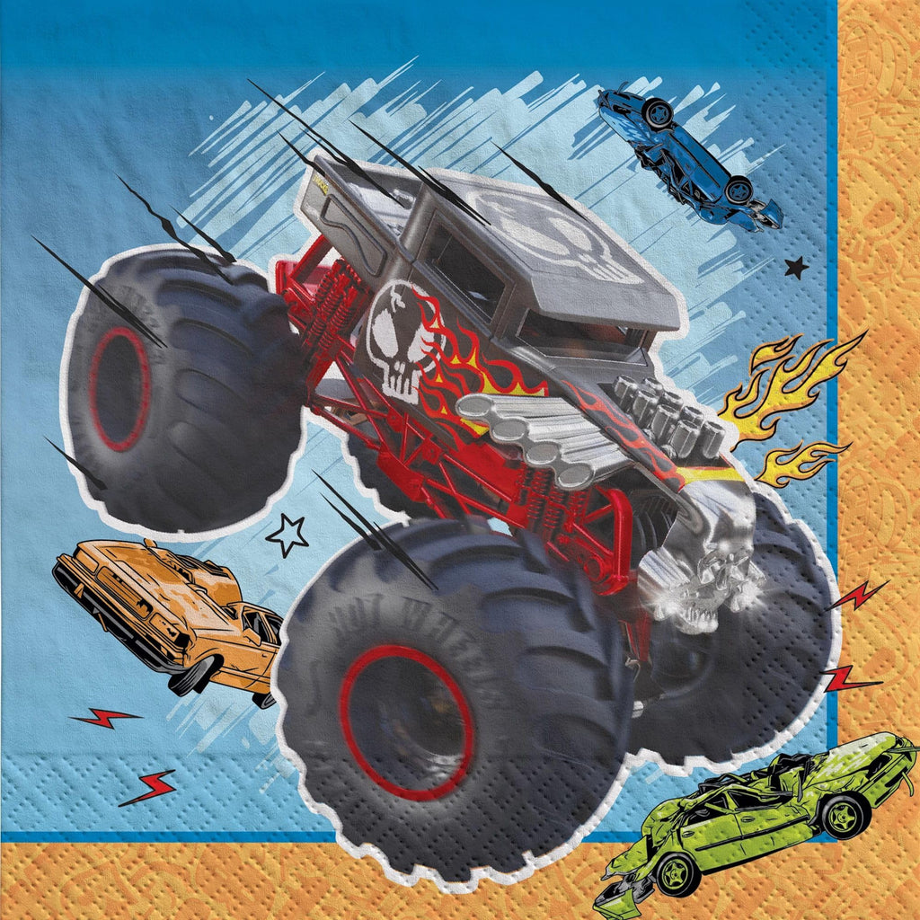 Monster Trucks Birthday Party Supplies Bundle includes 16 Dessert Cake Plates, 16 Lunch Plates, 32 Lunch Napkins, 1 Dinosaur Sticker Sheet