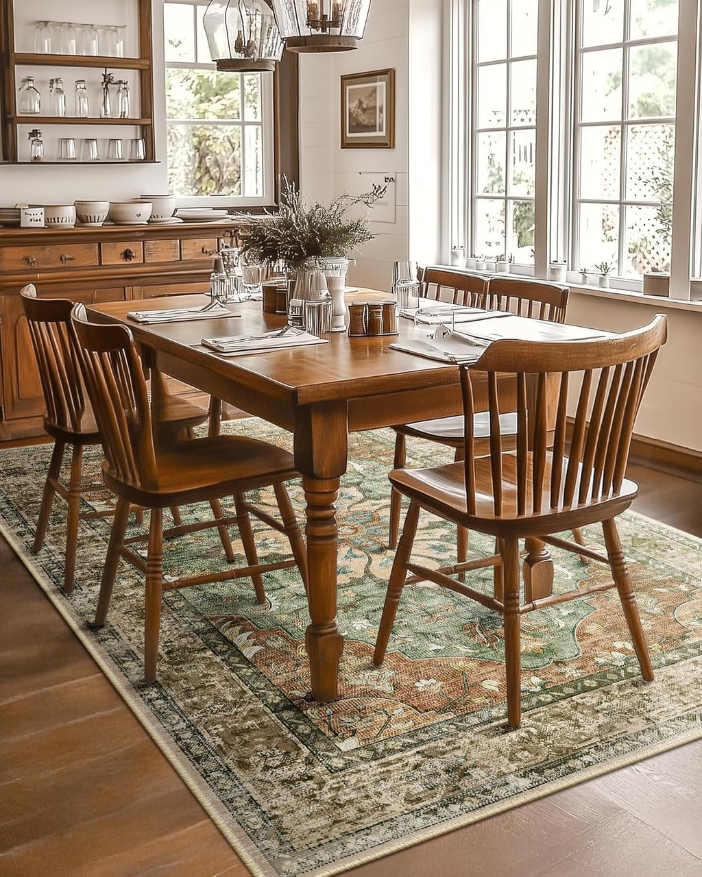 Releany Area Rugs - 5'x7' Washable Non-Slip Floral Vintage Medallion Carpet | Brick Red & Rust