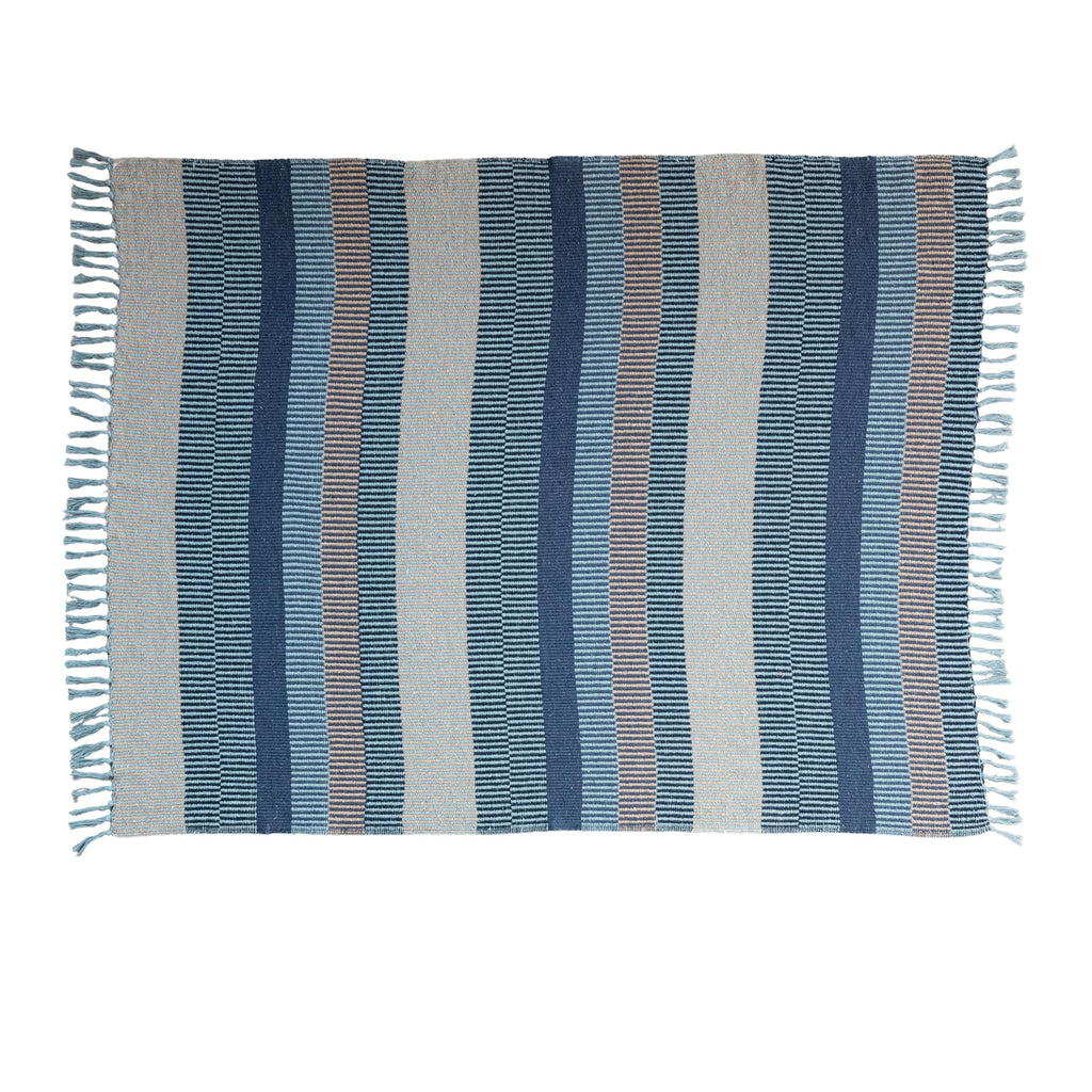Creative Co-Op Striped Cotton Blend Throw with Fringe, Blue and Cream