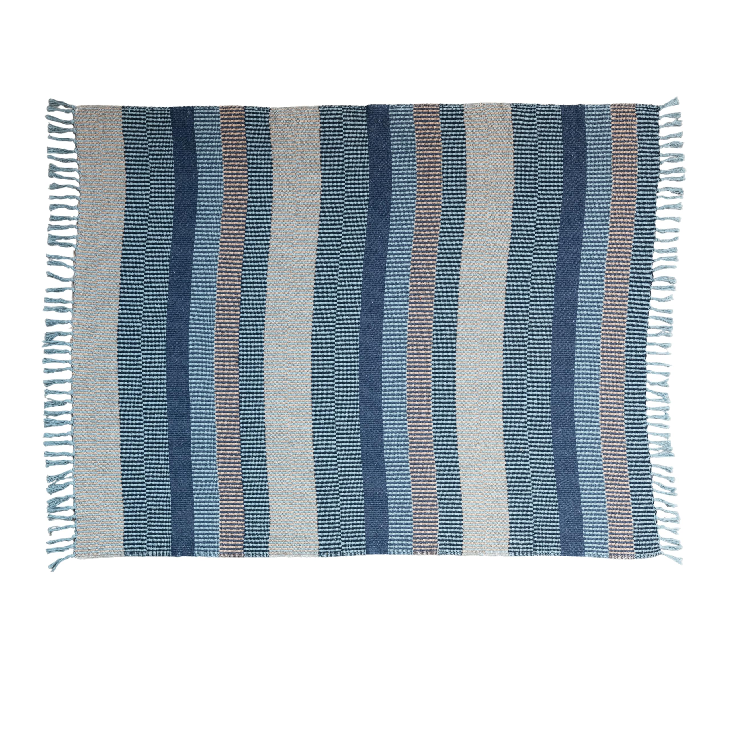 Creative Co-Op Striped Cotton Blend Throw with Fringe, Blue and Cream