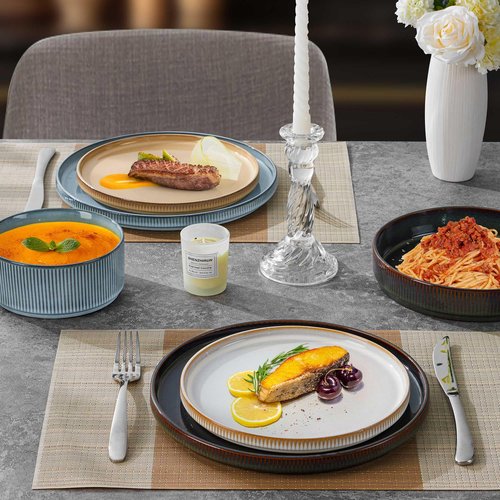 LIANYU Dinnerware Stoneware Sets with Pasta Bowls, 16 Piece Plates and Bowls Set for 4, Ribbed Dishes Set for Home, Microwave and Dishwasher Safe, Four-color