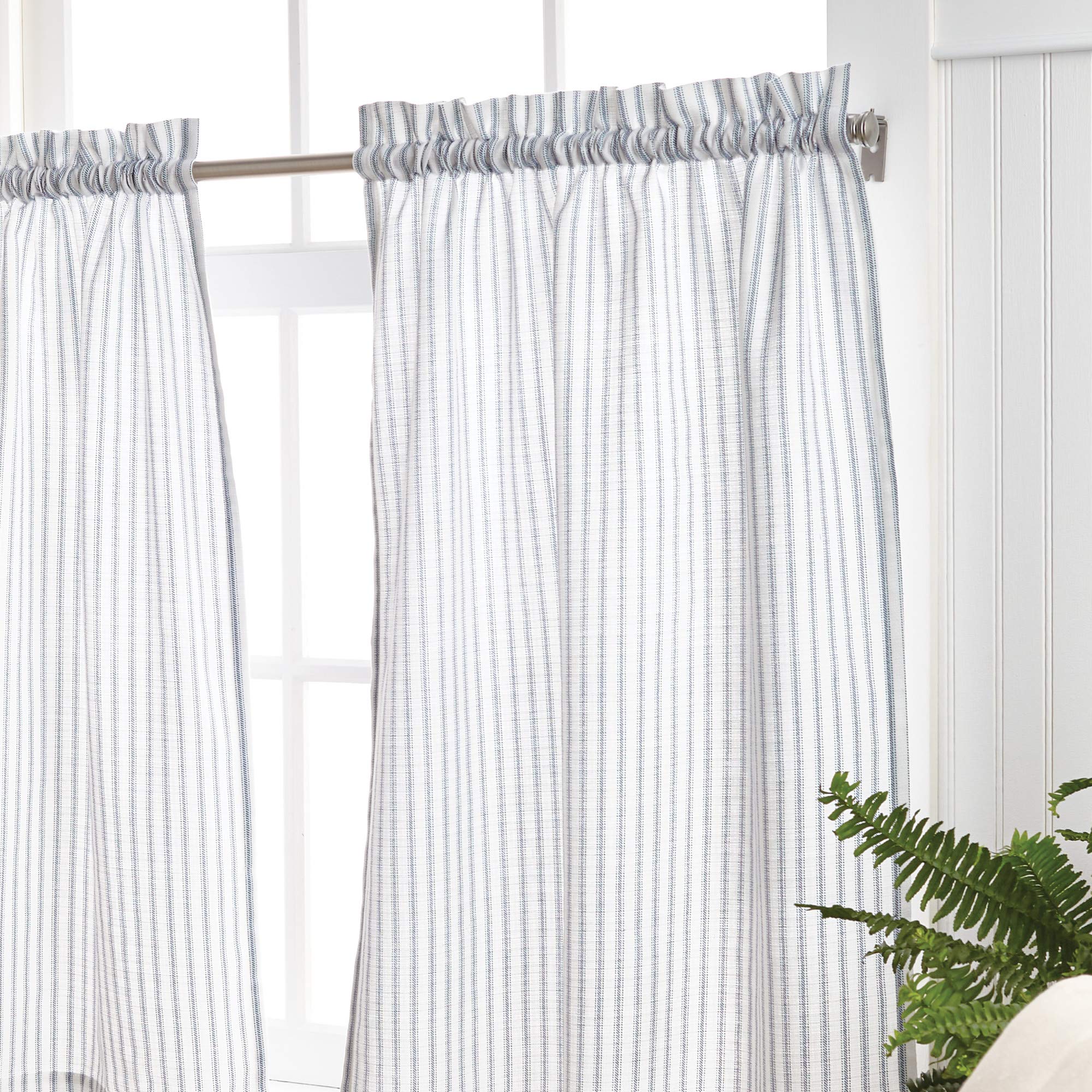 Martha Stewart Ticking Stripe 3-Piece Window Curtain Valance and Tiers Set, White Indigo