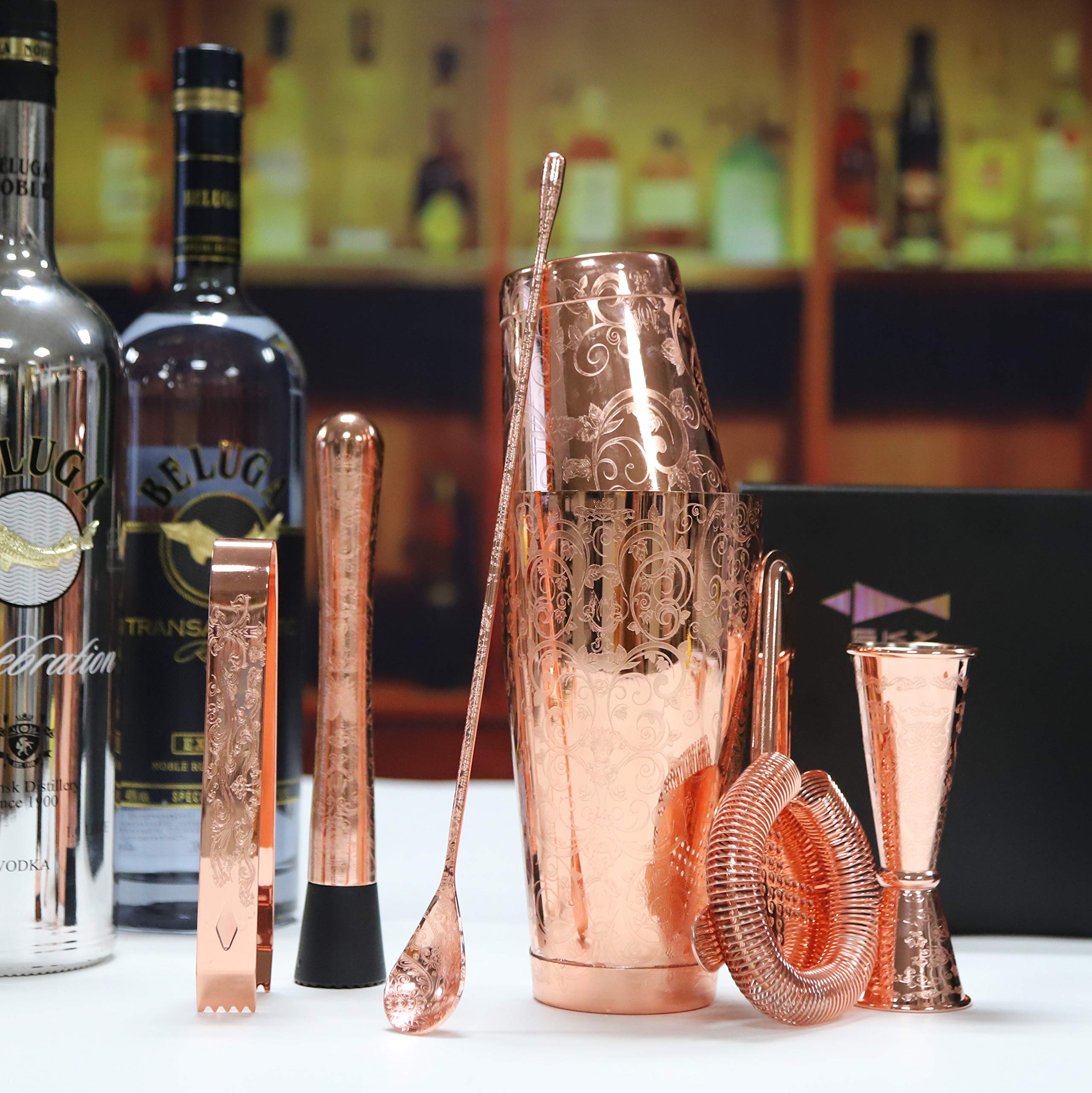 Sky Fish Bartender Kit Cocktail Shaker Set-6 Pieces Stainless Steel Copper Plated Etching Bar Tools with Boston Shaker Tins,Mixing Spoon,Mojito Muddler,Jigger,Hawthorne Strainer,Ice Tongs