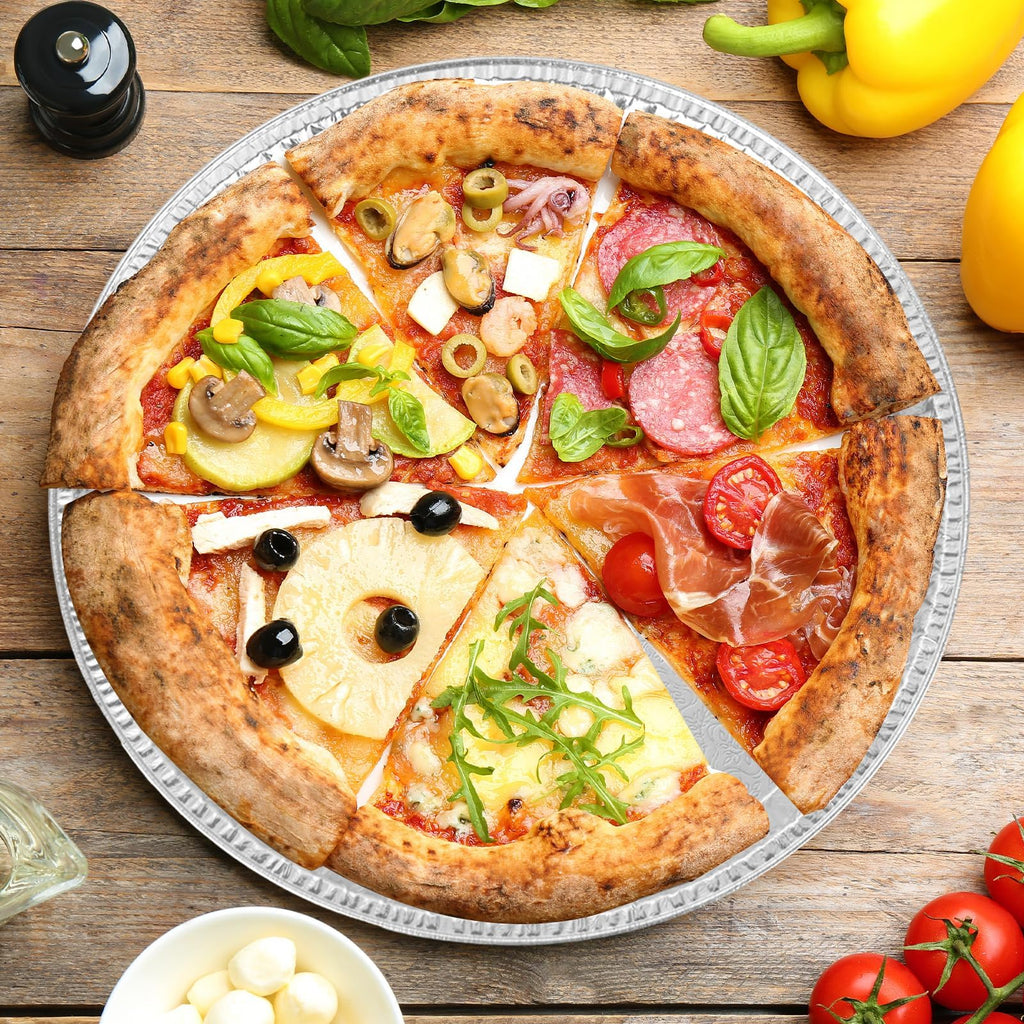 WOPPLXY 25 Pack Disposable Aluminium Foil Serving Trays, 12 Inch Round Aluminum Foil Pans, Disposable Round Foil Pizza Pans for Pizzas, Vegetable, Fruit, Cake, Cookies
