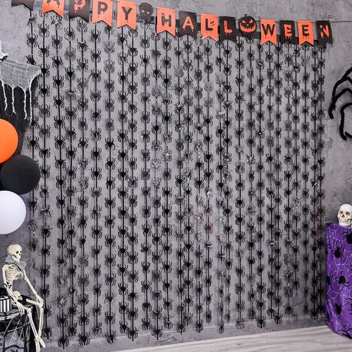 Menstarsi Halloween Party Decorations, 2 Pack Black Spider Tinsel Foil Fringe Curtains, Photo Booth Prop Streamers Backdrop for Halloween Theme Birthday Party Supplies Home Decor