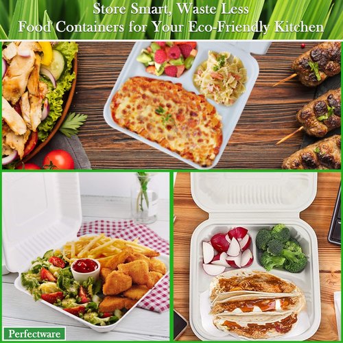100% Compostable 3 Comp Take Out Food Containers 9x9x 3. 200 Containers, Natural Disposable Bagasse, Eco-Friendly Biodegradable Made of Sugar Cane