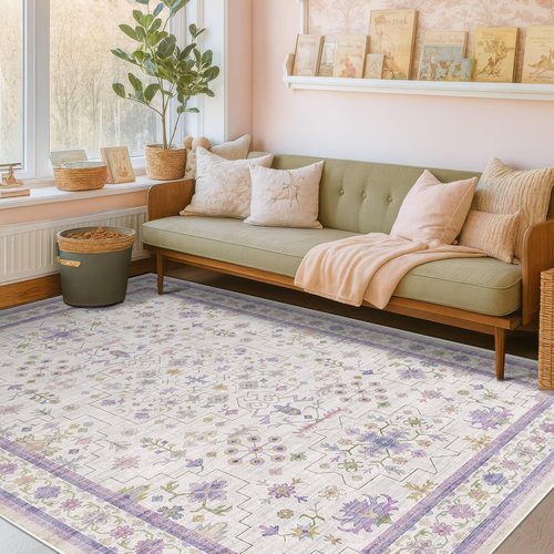 Hazo Haus Lavender Area Rug - Non-Slip, Washable, Low Pile for Bedroom & Kids Playroom | 6x9 ft Boho Décor