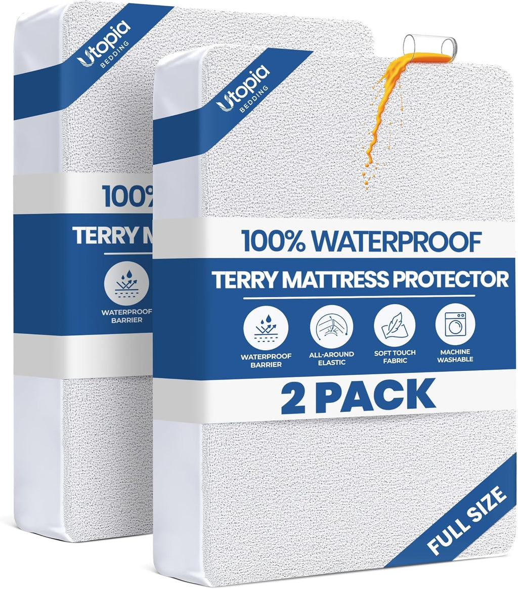 Utopia Bedding Full Size Mattress Protector - Waterproof 2 Pack, Soft Terry Cover with Deep Pockets (White)