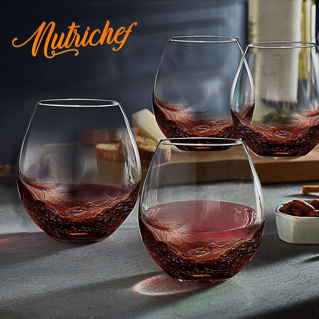 NutriChef 19 Ounce Stemless Wine Glasses For Red or White Wine (Set of 4) For Party And Gifting Clear, Lead-Free, and Ice Crack Design