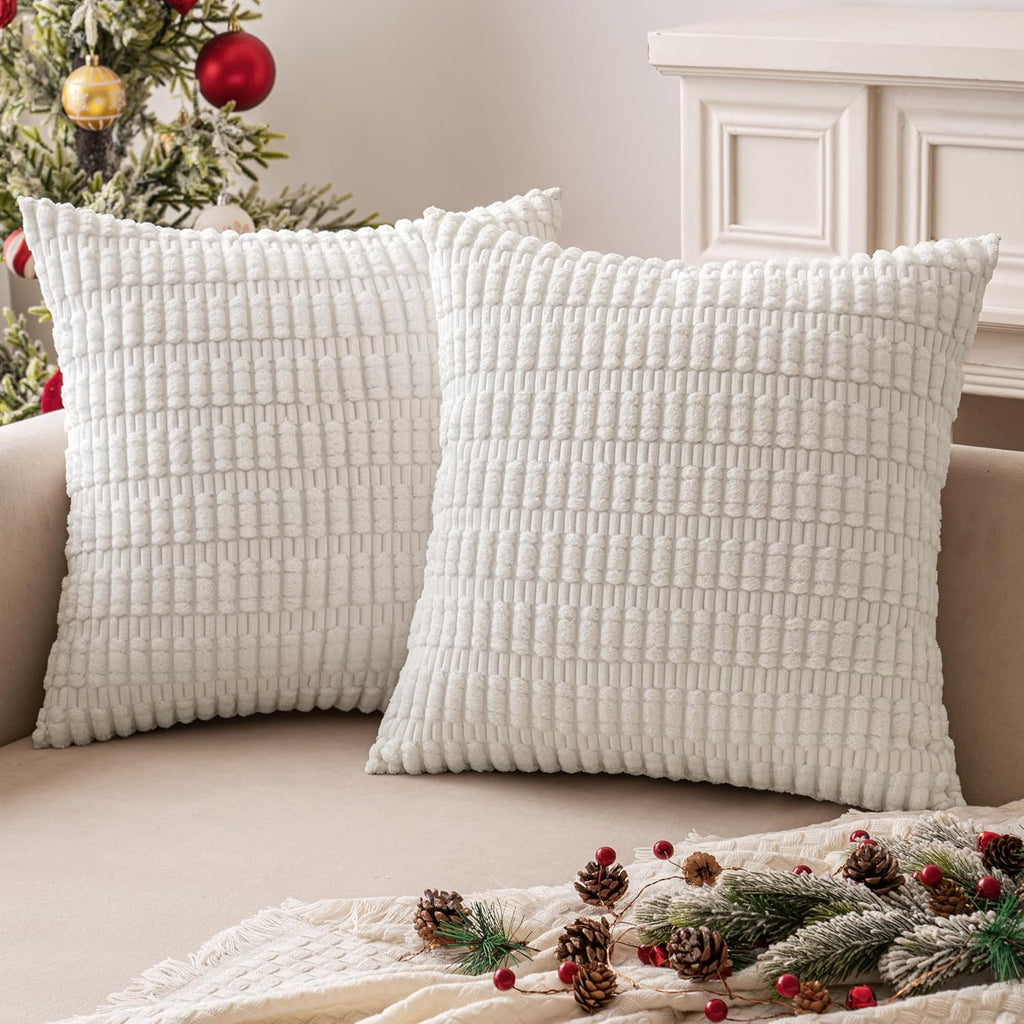 MIULEE Euro Sham Pillow Covers - Soft Corduroy Boho Striped Design | 24x24 Inch Pure White for Modern Home Decor