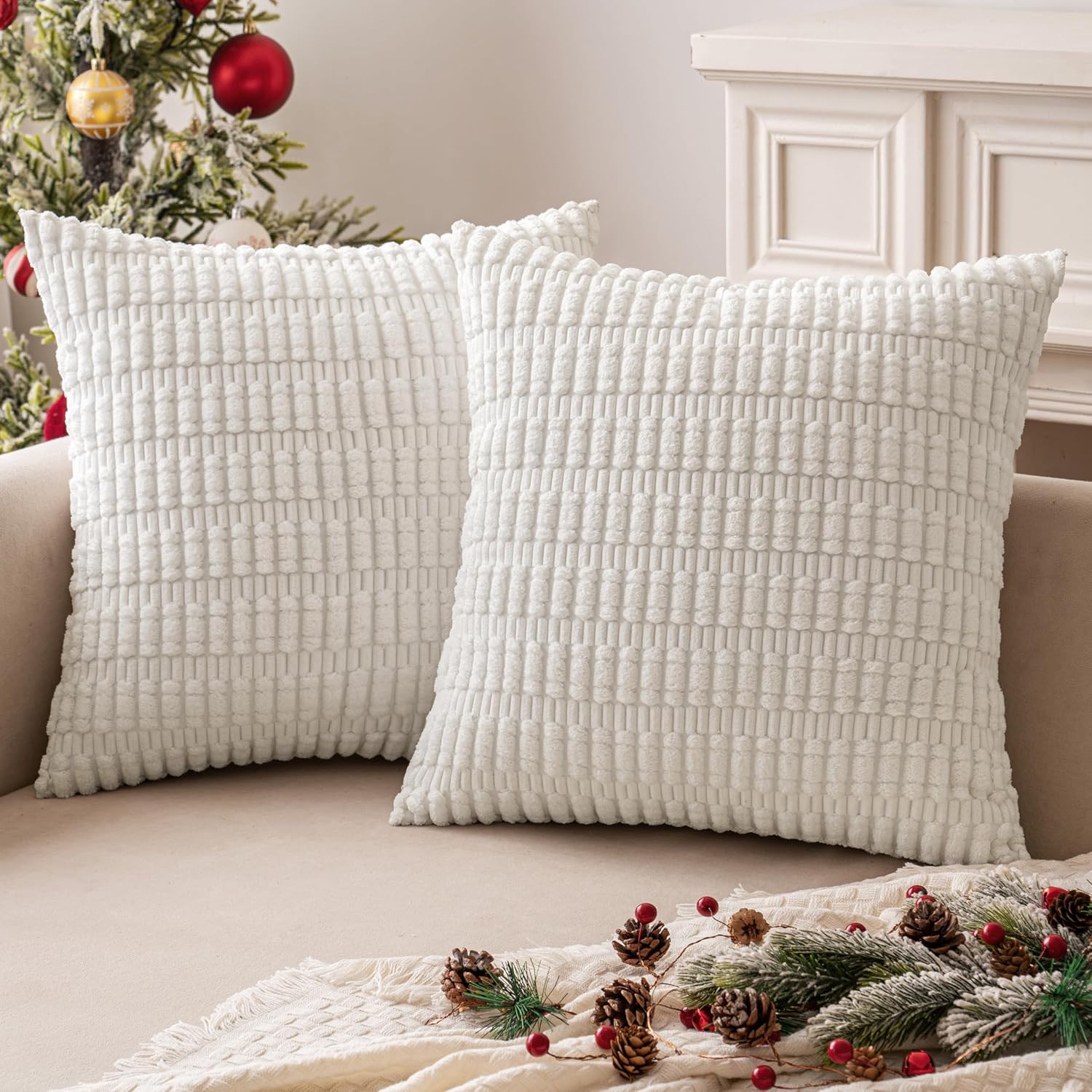 MIULEE Euro Sham Pillow Covers - Soft Corduroy Boho Striped Design | 24x24 Inch Pure White for Modern Home Decor