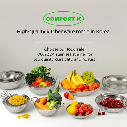 COMPORT K Premium 18/8 304 Stainless Steel Micro-Perforated Small and Big Colander Set of 4 with rings - 3.5-5.5-7.5-9.5 Quart Set, Self-Draining Solid Base for Pasta, Fruits, Vegetables