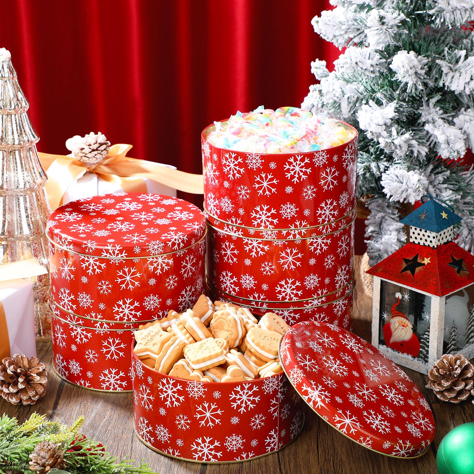 Suttmin 6 Pcs Christmas Cookie Tins with Lids 7 Inch Round Metal Snowflake Container Xmas Cookie Boxes Empty Holiday Decorative Tins for Gift Giving Baking Chocolate Snack Storage