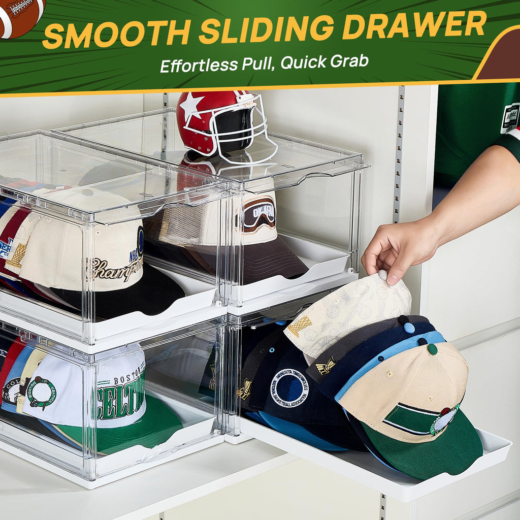 Vtopmart 2 Pack Hat Organizer for Baseball Caps, Clear Hats Holder Box with Drawer, Large Cap Storage with Sliding Tray, Stackable Rack Display Case with Magnetic Door, Each Holds 12 Hats