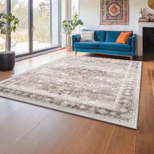 Hazo Haus Washable Area Rug - Boho Vintage Floral Design, Non-Slip & Stain Resistant | 5x8 Beige/Latte