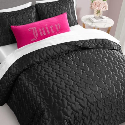 Juicy Couture Satin Heart Stitched 2 Piece Twin/Twin XL Quilt Set, Black Luxury Bedding Set
