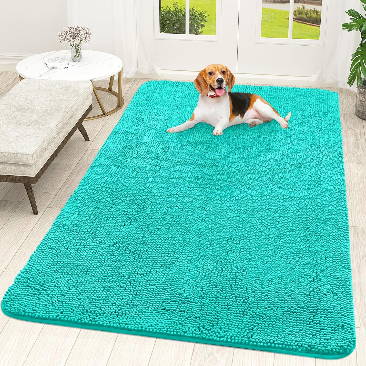 OLANLY Dog Door Mat - Absorbent Non-Slip Chenille Mat for Muddy Paws | 70x46, Quick Dry, Teal