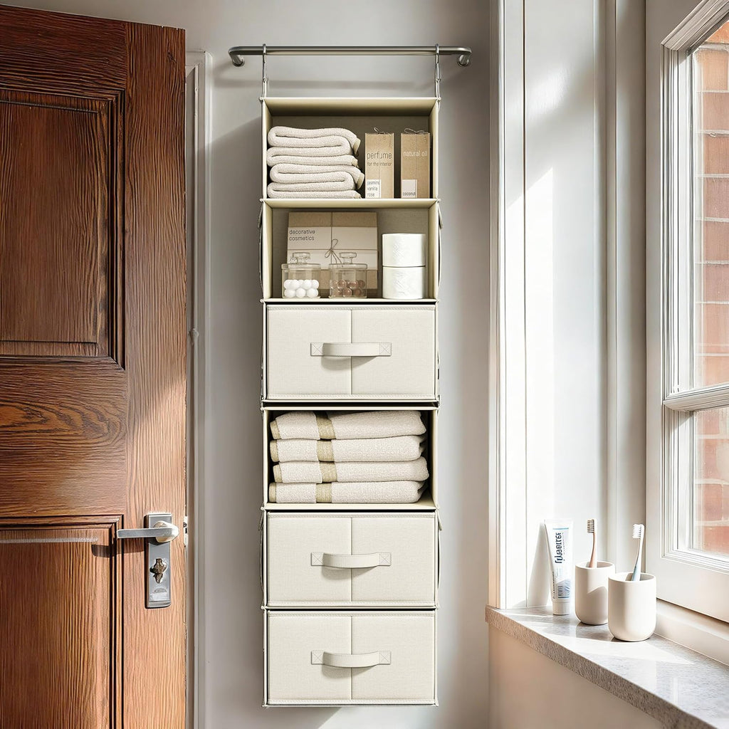 Vailando 6-Shelf Closet Organizer - Versatile Hanging Storage with 3 Drawers & 2 Separable Units | Beige